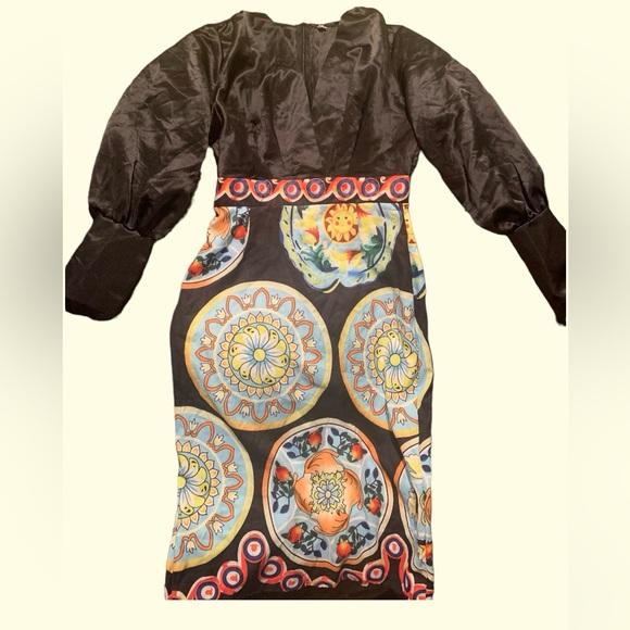 Cute colorful dress sz L black satin top - Picture 3 of 13